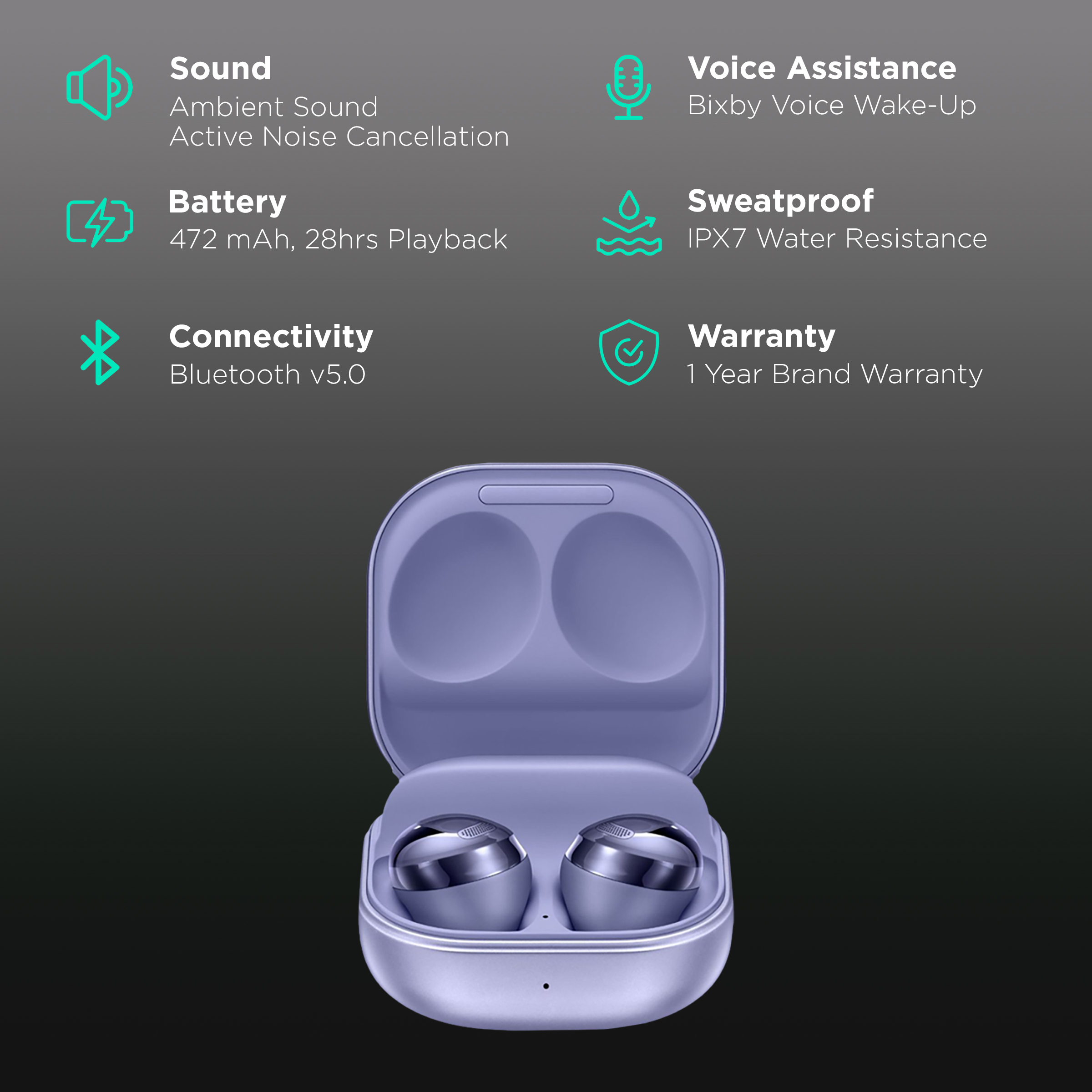 SAMSUNG Galaxy Buds Pro SM R190NZVAINU TWS Earbuds with Active Noise Cancellation Sweat Water Resistant 28 Hours Playback Phantom Violet